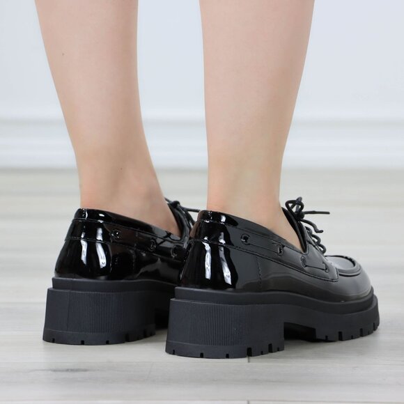 Chunky Penny Loafers Black Lug Sole Slip On Platform Patent Black Lace Up - Picture 12 of 14